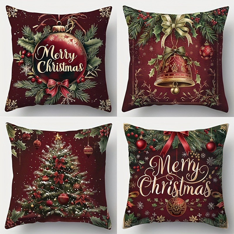 Your Home Textiles - お祝いのクリスマス枕カバー：ヒイラギ、ベル、ツリー、そして「メリークリスマス」のデザインで家を飾りましょう！ 新年飾りS