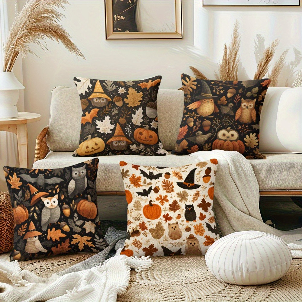 Your Home Textiles - 短いプラッシュ素材の枕カバー ハロウィンをテーマにした枕カバー、フクロウ、カボチャ、コウモリ、葉っぱが描かれています - お部屋の不気味で心地よい装飾に。