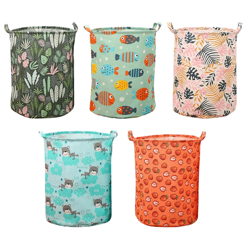Linum Home Textiles - コットンリネンプリントランドリーバスケットポータブル折りたたみ家庭用ランドリー収納袋大型かご子供のおもちゃ汚れた服バスケット