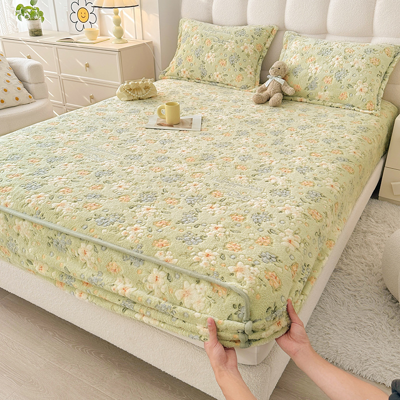 Home Textiles Bedding - 秋冬用プラッシュフィットシーツセット、滑り止めミルクベルベットベッドカバー、枕カバー付き、厚手で暖かいプリント寝具テキスタイル
