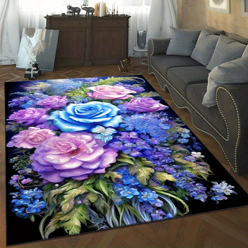 Your Home Textiles - 青と紫のバラが描かれた花柄の敷物は、リビングエリアのエレガンスを高めます。花柄の敷物は、エレガントな家の装飾です。