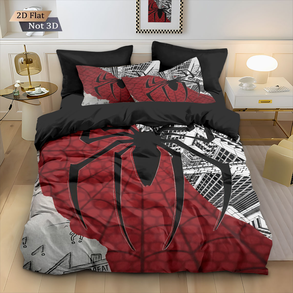Home Textiles Bedding - 3 個の黒いクモのコントラストプリント布団セット、マルチサイズの寝室と寮の寝具装飾、洗濯機で洗えます。