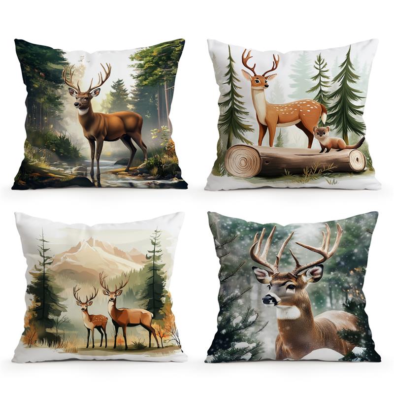 Home Textiles And Furnishing - 短いプラッシュ素材の枕カバー鹿と森のプリント枕カバーホームファニシングルーム装飾クッションカバーリビングルーム