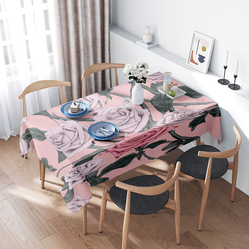 ピンクの花のテーブルクロスとピンクのバラの装飾ダイニングルー - Home Textiles Com のレビューと価格