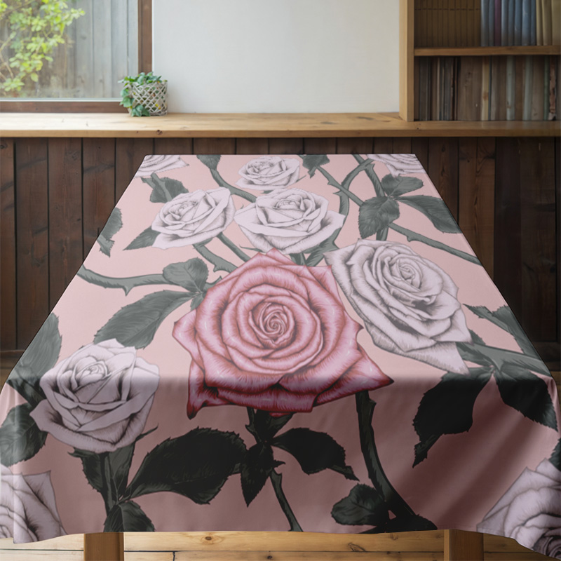 ピンクの花のテーブルクロスとピンクのバラの装飾ダイニングルー - Home Textiles Com のレビューと価格
