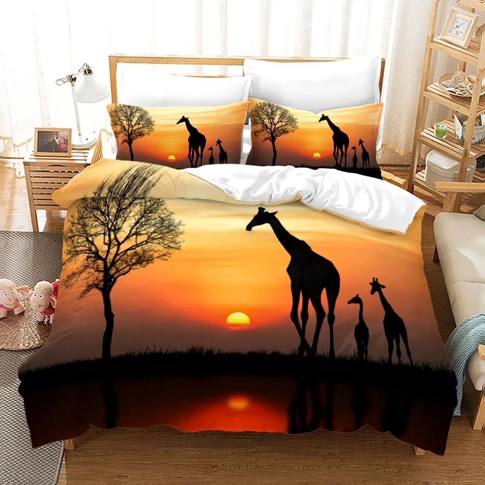 アフリカの動物 キリン 夕日 ベッドセット 3D掛け布団カバ - Home Textiles Bedding のレビューと価格