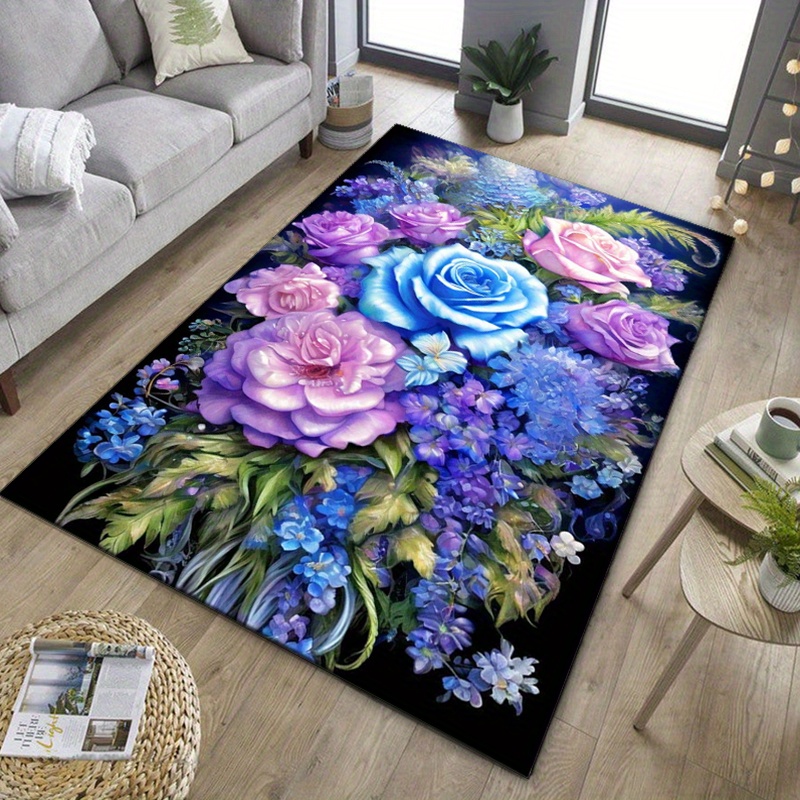 青と紫のバラが描かれた花柄の敷物は、リビングエリアのエレガン - Your Home Textiles のレビューと価格