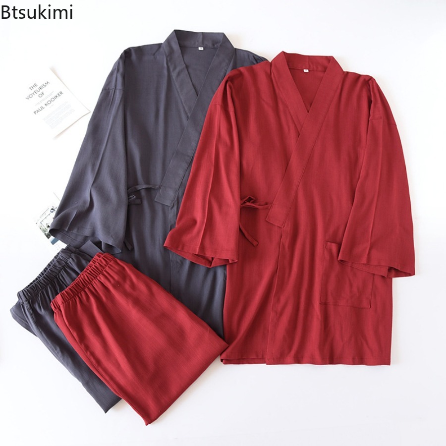 2026 メンズ日本の着物ローブセット綿麻パジャマ 2 点セ - Linum Home Textiles のレビューと価格