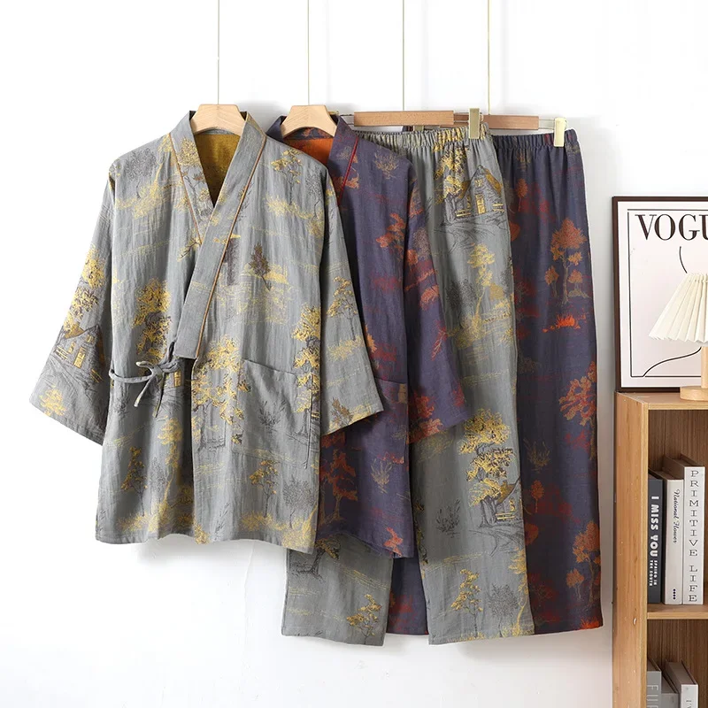 メンズ春と秋の着物ローブと長ズボンパジャマセットホーム服綿ル - Linum Home Textiles のレビューと価格
