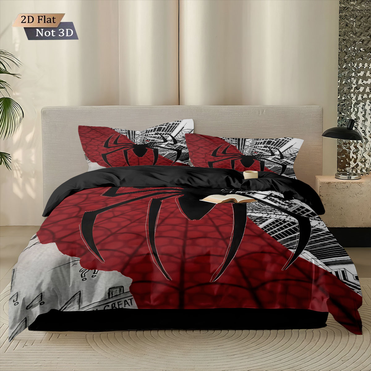 3 個の黒いクモのコントラストプリント布団セット、マルチサイ - Home Textiles Bedding のレビューと価格