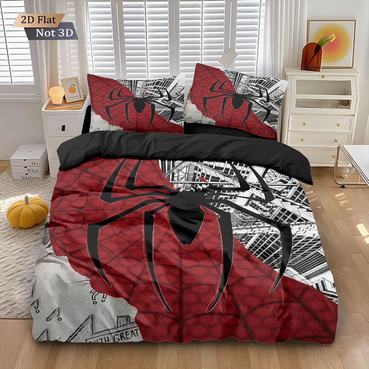 3 個の黒いクモのコントラストプリント布団セット、マルチサイ - Home Textiles Bedding のレビューと価格