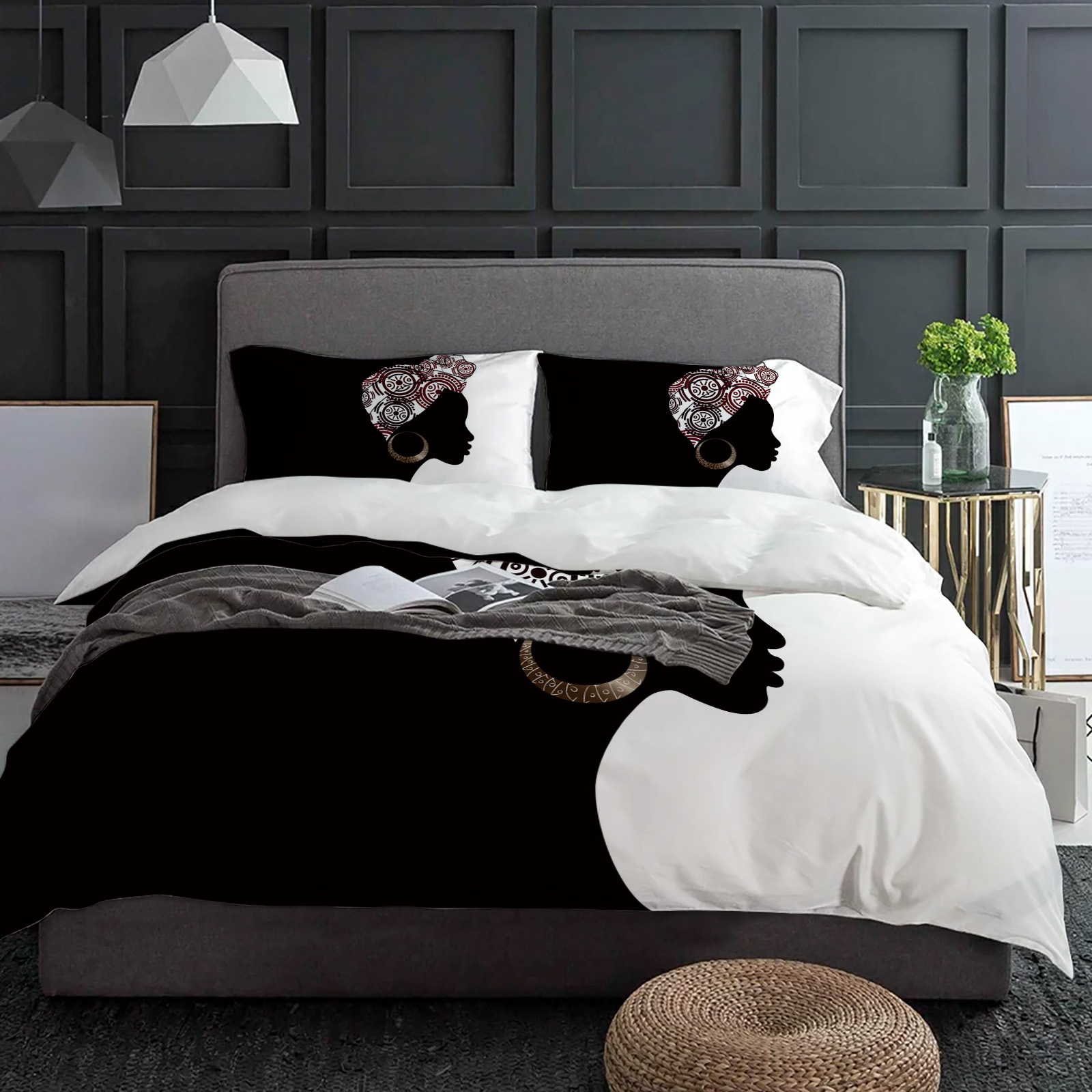 黒人女性黒白寝具セット3点 男の子女の子布団カバー枕カバー子 - Home Textiles Bedding のレビューと価格