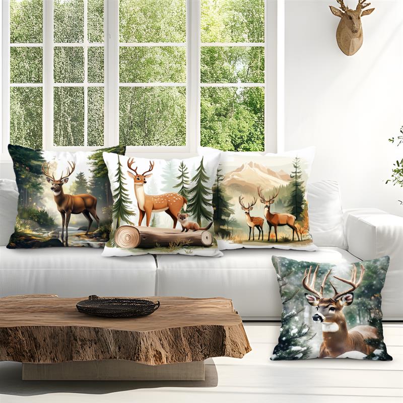 短いプラッシュ素材の枕カバー鹿と森のプリント枕カバーホームフ - Home Textiles And Furnishing のレビューと価格
